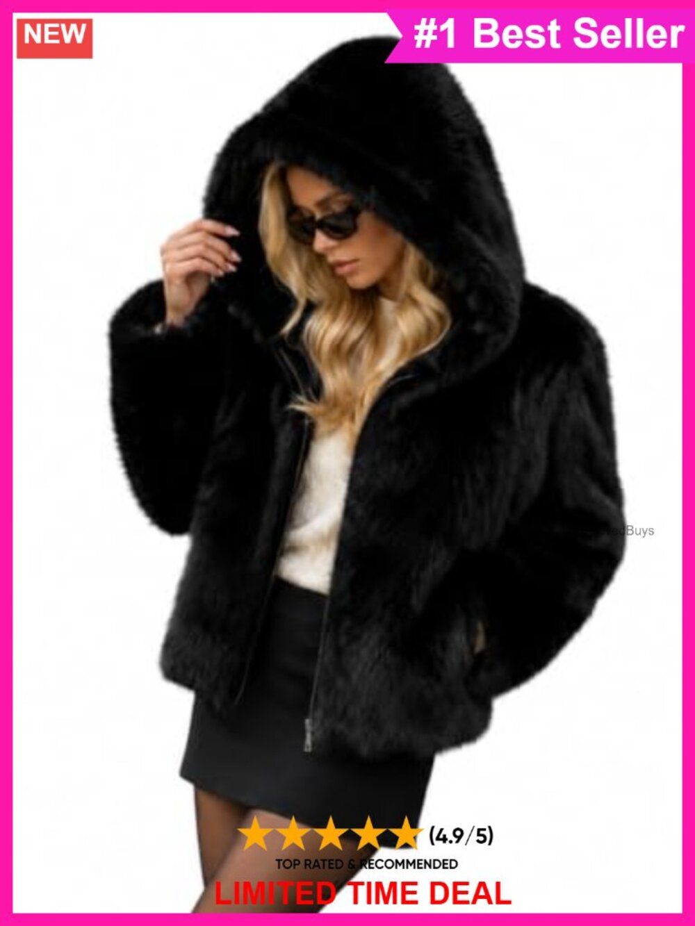 Faux Fur Hooded Zip Up Coat Fluffy Hoodie Jacket